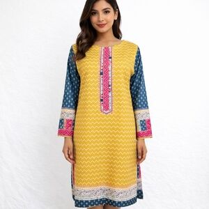 BIN SAEED Size Medium Mayan‎ Gold Lawn Dress Crochet Trim Detail India Pakistan